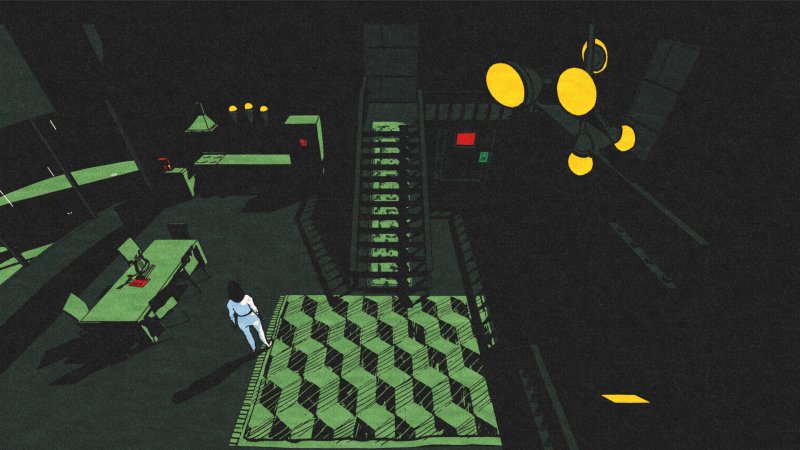 Le ambientazioni di Phoenix Springs, come questo salotto con visuale dall'alto, sono costruite con pochi colori pieni