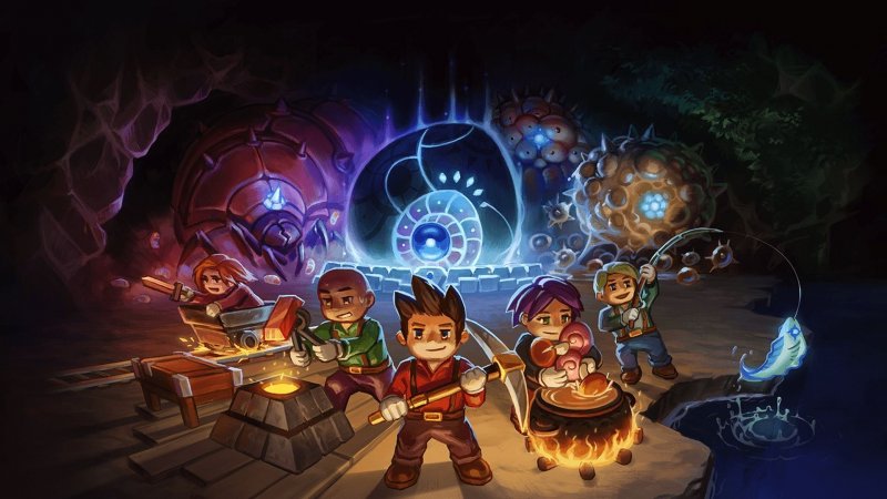 Un artwork di Core Keeper con i personaggi in miniera Un artwork di Core Keeper con i personaggi in miniera