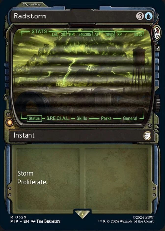 Radstorm con trattamento Pip-Boy illustrata da Tim Brumley Radstorm con trattamento Pip-Boy illustrata da Tim Brumley