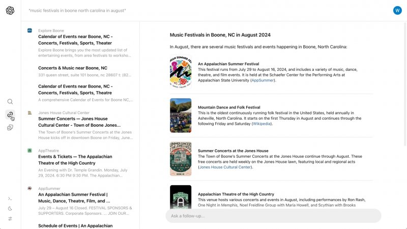 Una pagina di risultati su SearchGPT Una pagina di risultati su SearchGPT