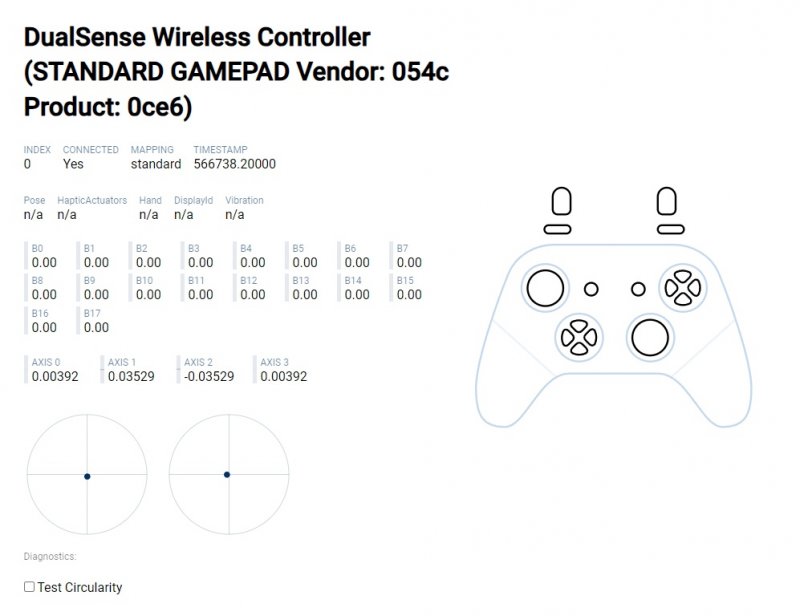 La schermata di test del DualSense su PC La schermata di test del DualSense su PC