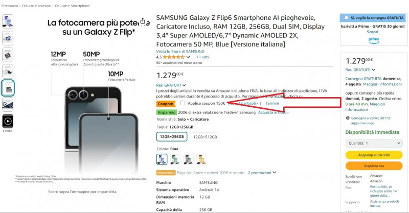 Il coupon da attivare nella pagina prodotto dello smartphone