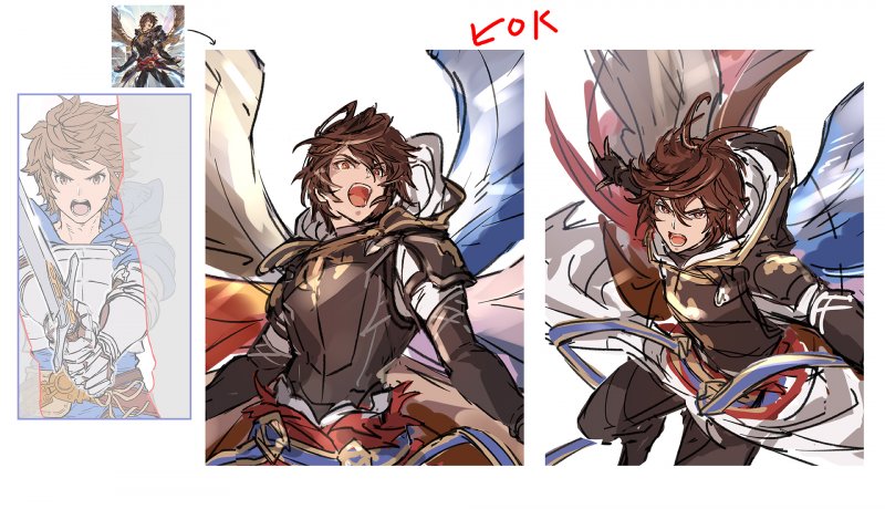 Un bozzetto preparatorio per decidere l'illustrazione di Sandalphon che appare durante un attacco speciale Chain burst