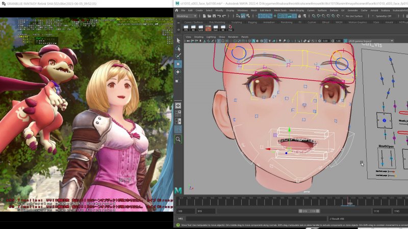 Uno sguardo al modello di un personaggio come appare in Maya: la forma del volto e la posizione degli elementi viene modificata in base all'angolazione per un effetto in stile anime più autentico