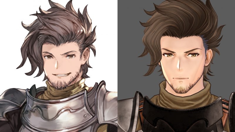 Il personaggio di Rackham in un'illustrazione confrontata con il suo modello 3D finale