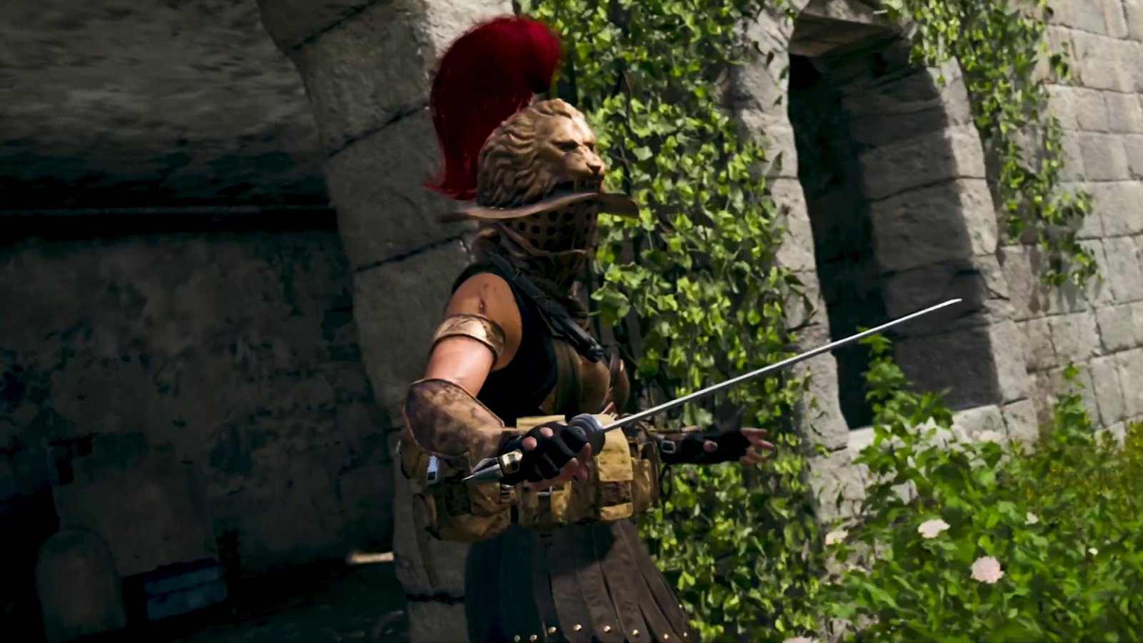 Un personaggio di Call of Duty vestito da gladiatore con elmo e spada