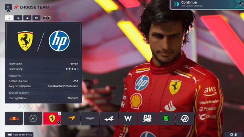 Il pannello di selezione della scuderia come appare in F1 Manager 2024