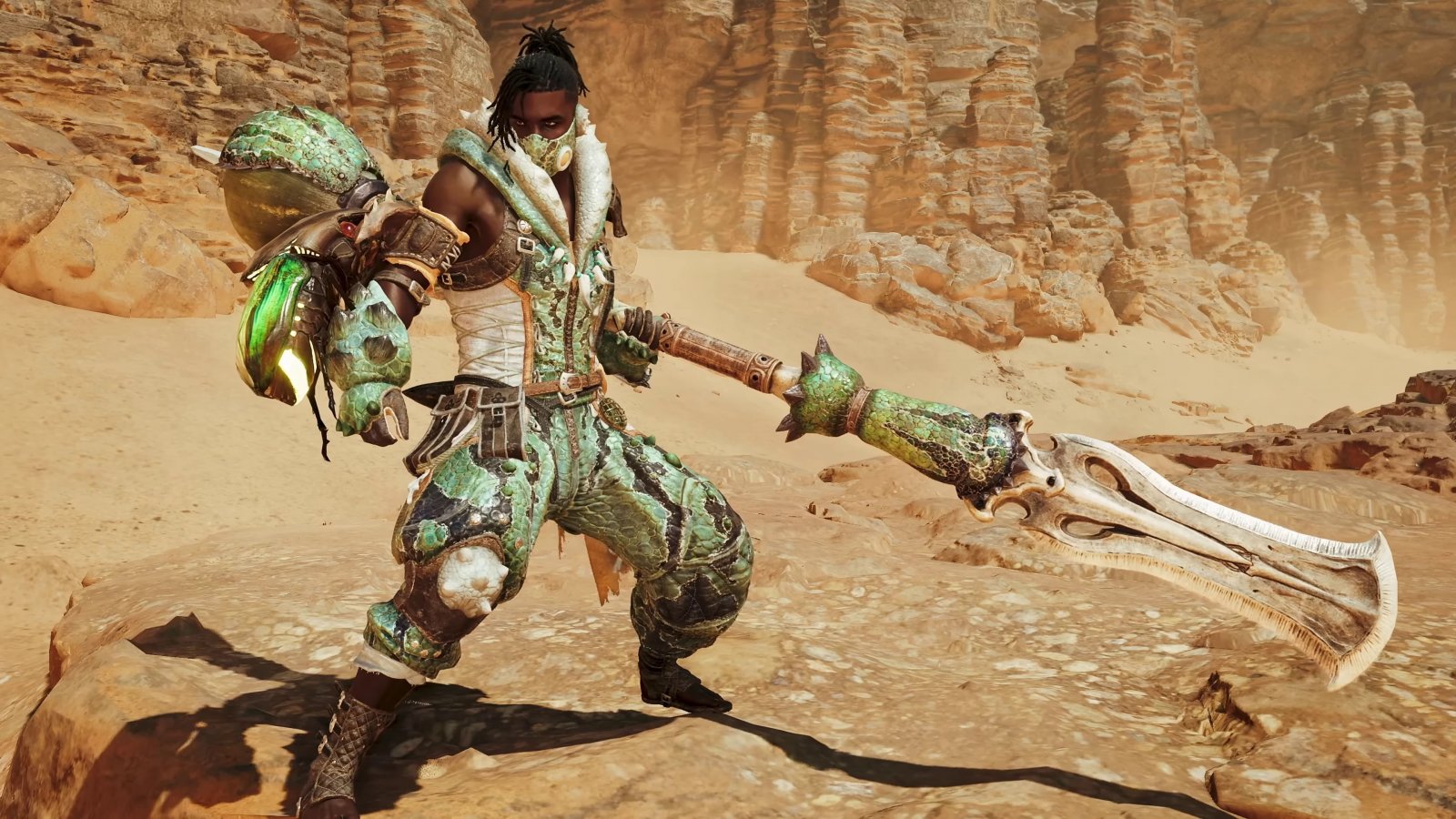 Un personaggio con falcione insetto da Monster Hunter Wilds