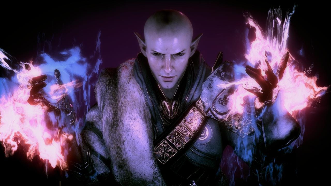 Solas di Dragon Age che usa una magia di fuoco attorno alle mani