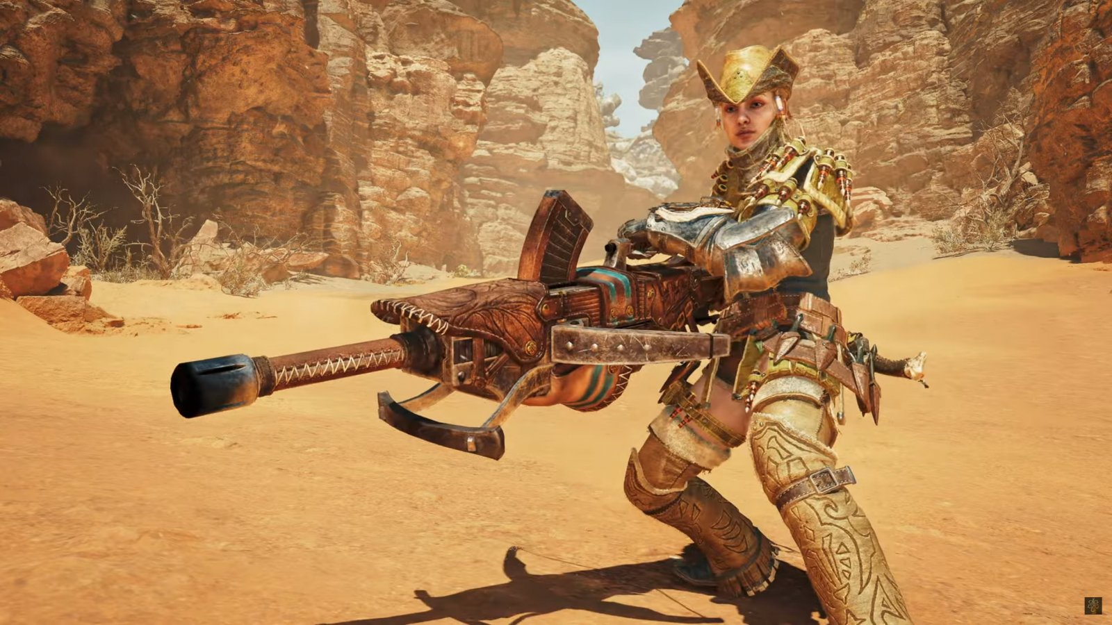 Una cacciatrice di Monster Hunter Wilds con la Balestra Leggera