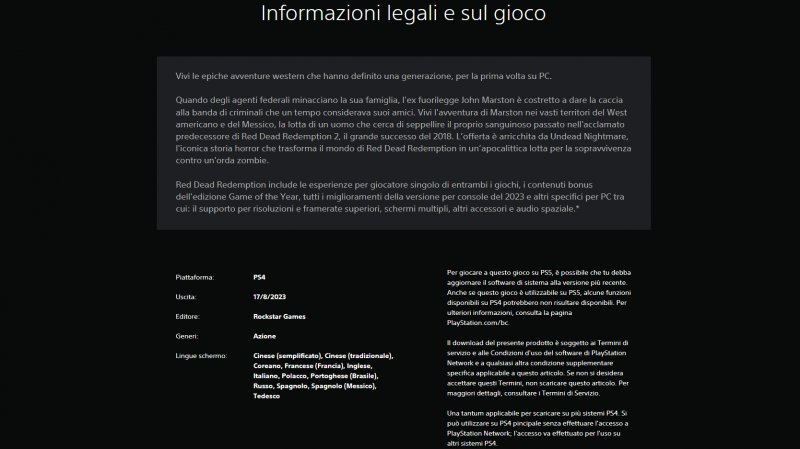 La descrizione della versione PC di Red Dead Redemption apparsa sul PlayStation Store