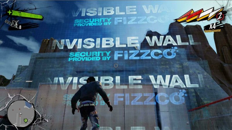 Sunset Overdrive gioca con il concetto stesso di 'muri invisibili', legandoli alla trama di gioco e alla malvagia azienda Fizzco Sunset Overdrive gioca con il concetto stesso di 'muri invisibili', legandoli alla trama di gioco e alla malvagia azienda Fizzco