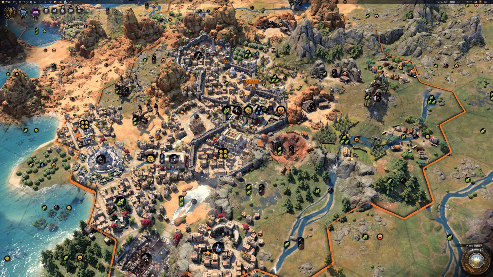 Una panoramica dall'alto su una mappa di Civilization 7