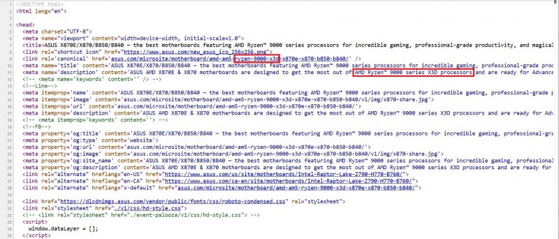 Il codice sorgente del sito ASUS che conferma la serie AMD Ryzen 9000X3D Il codice sorgente del sito ASUS che conferma la serie AMD Ryzen 9000X3D