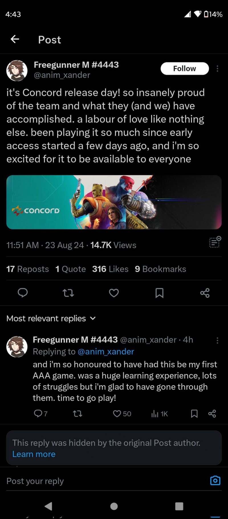 Il post celebrativo del lancio di Concord