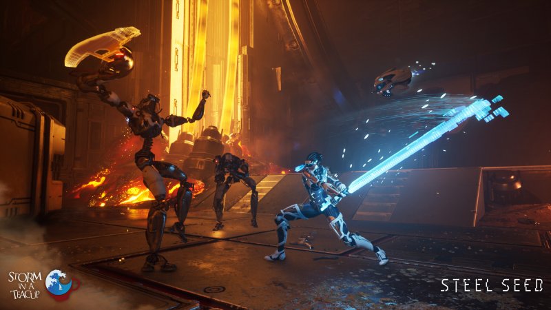 Zoe combatte con la sua spada alcune guardie robotiche