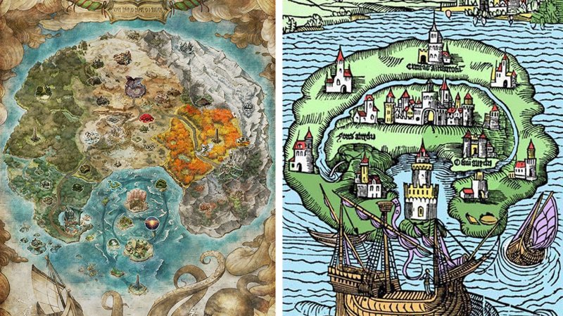 A sinistra la mappa di Euchronia, il mondo di Metaphor: ReFantazio, mentre a destra c'è l'Utopia immaginata da Thomas More
