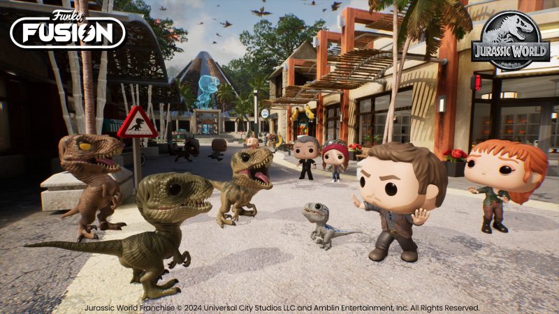 Owen prova a trattenere i Velociraptor in una scena di Funko Fusion
