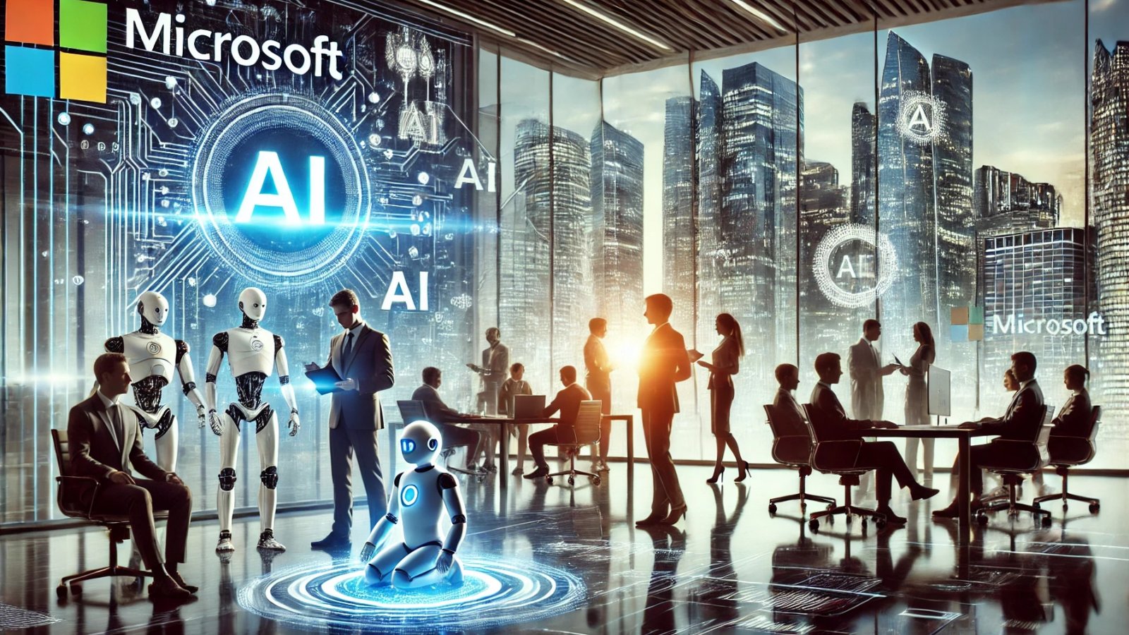 Immagine che rappresenta Microsoft come un colosso che investe pesantemente nell'intelligenza artificiale, AI generated