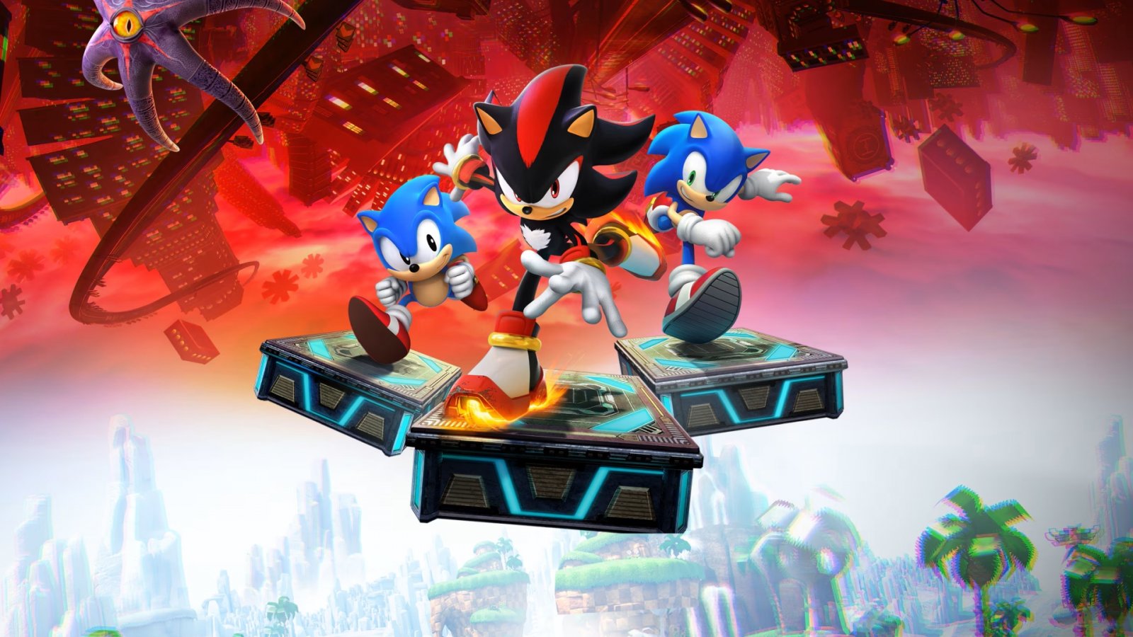 Shadow e una coppia di Sonic di differenti generazioni in un artwork del gioco