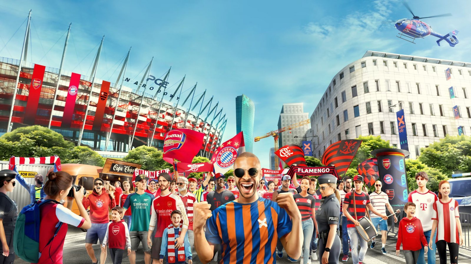 Un artwork di Copa City che mostra i tifosi davanti allo stadio