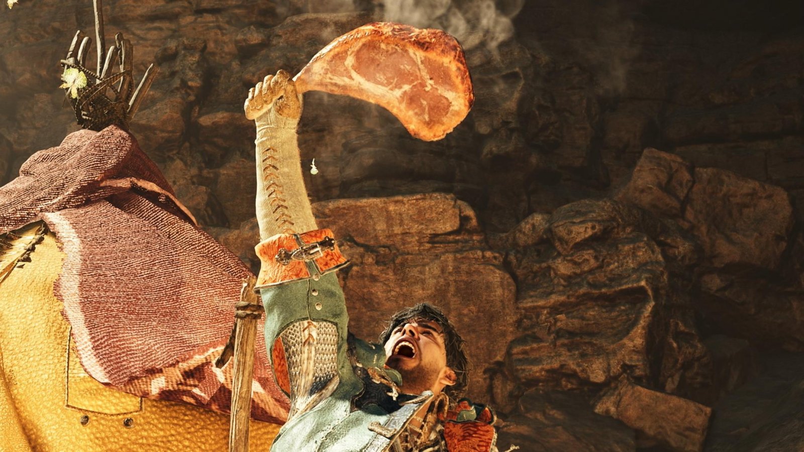 Un personaggio di Monster Hunter Wilds che solleva una bistecca