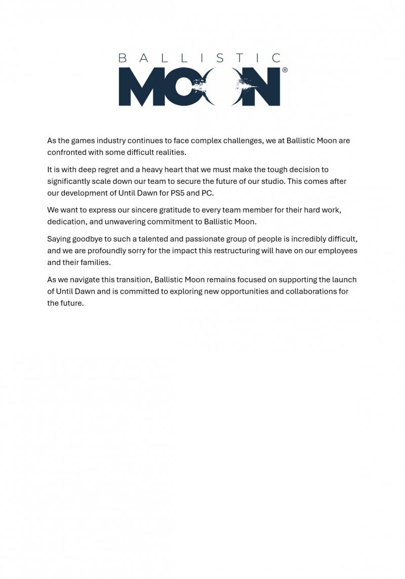 Il comunicato di Ballistic Moon pubblicato su LinkedIn
