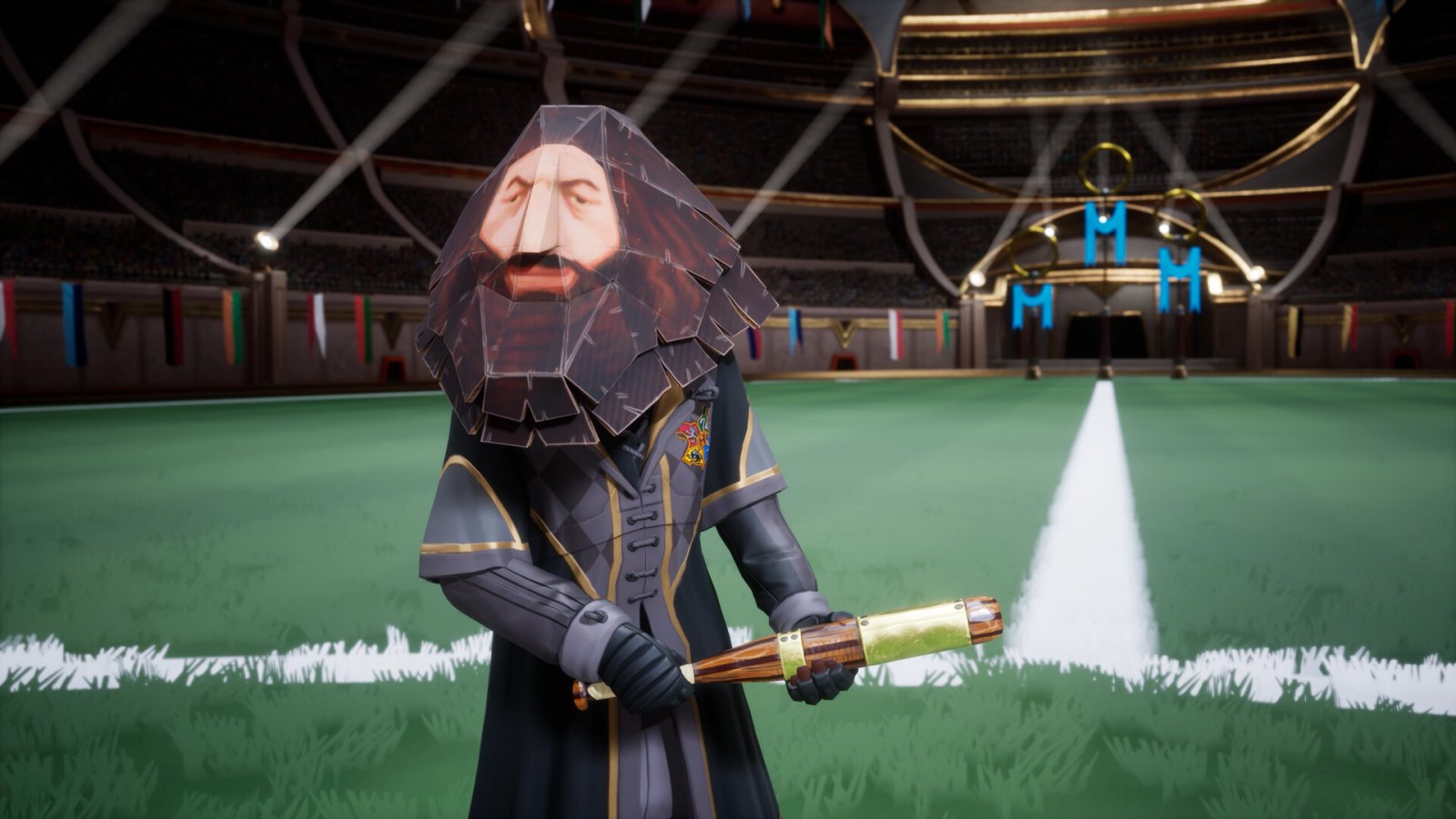 Un giocatore di Harry Potter: Campioni di Quidditch con la maschera di Hagrid di PS1