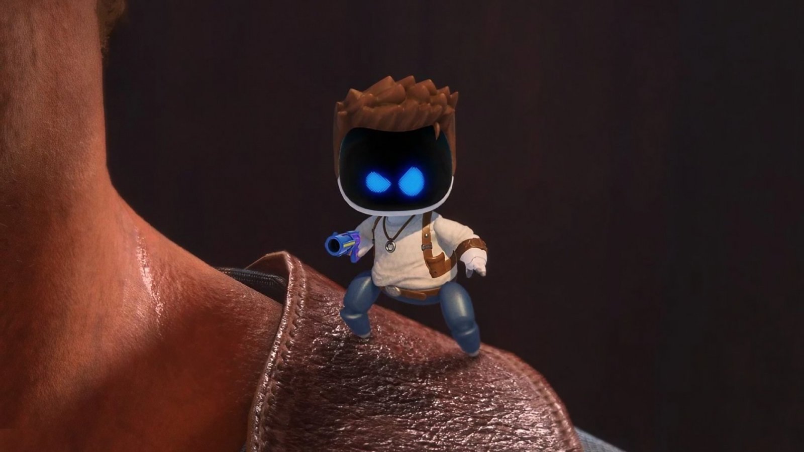 Un artwork di Astro Bot sulla spalla di Nathan Drake