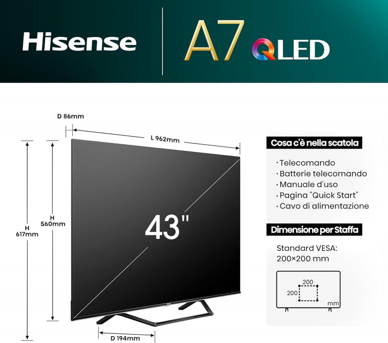 TV Hisense 4K QLED (modello 43A72NQ)