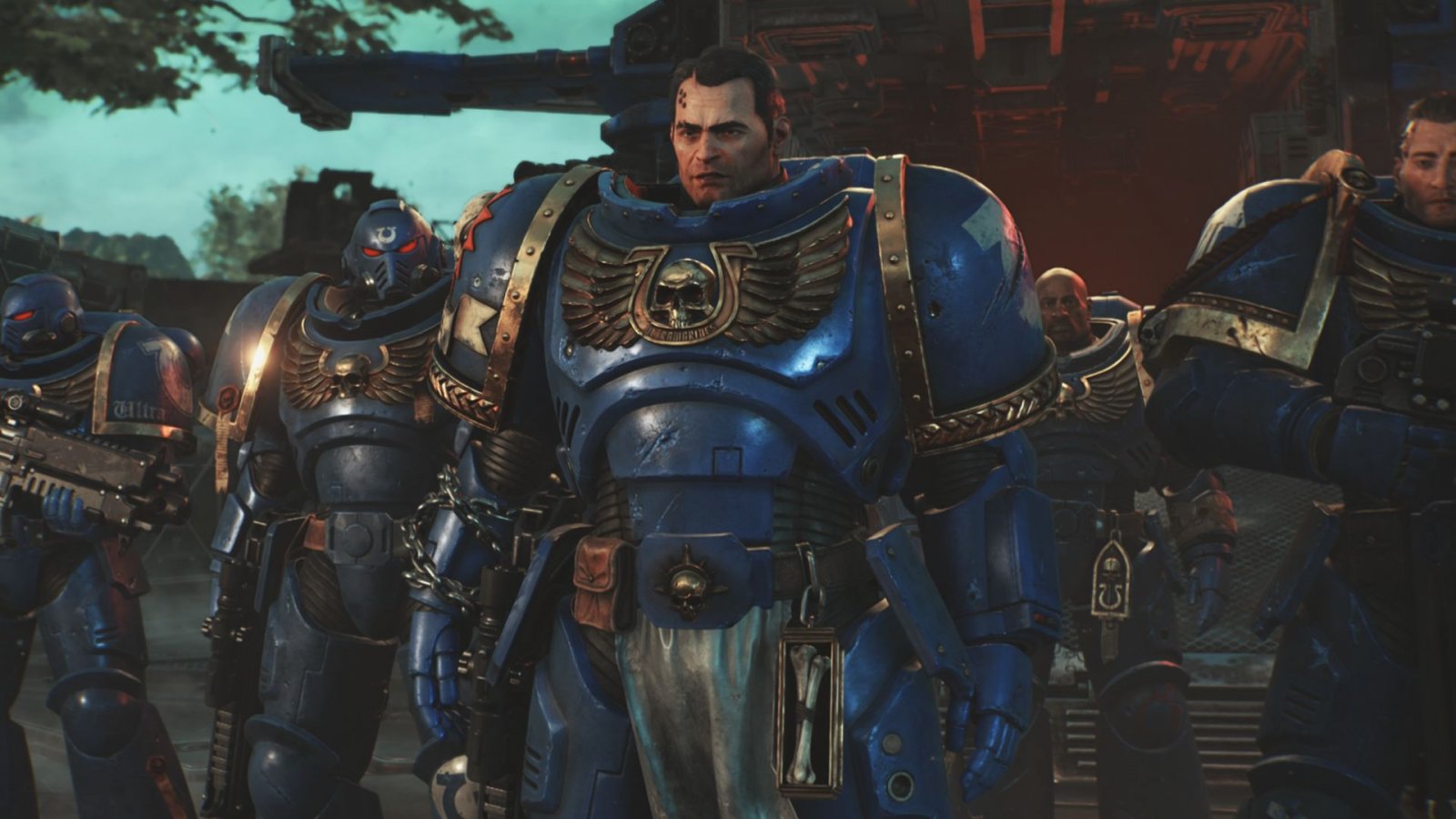 Titus e alcuni dei suoi compagni Space Marine in Warhammer 40.000: Space Marine 2