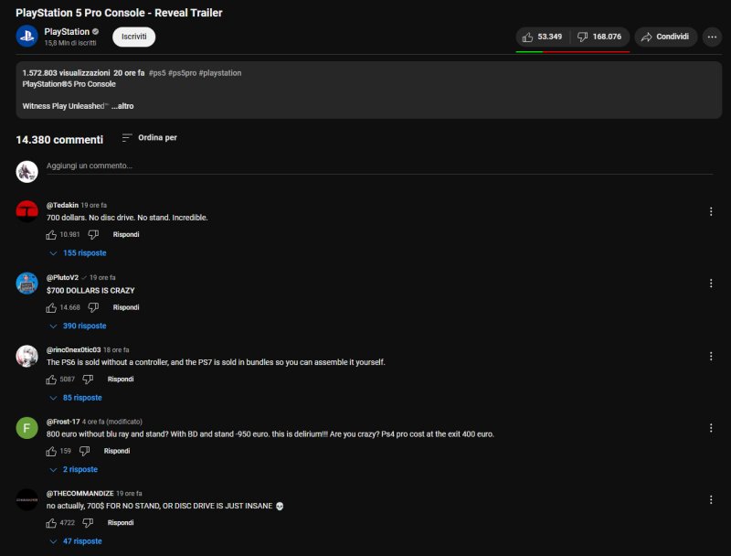 I like e dislike del trailer di presentazione di PS5 Pro e alcuni commenti negativi su YouTube