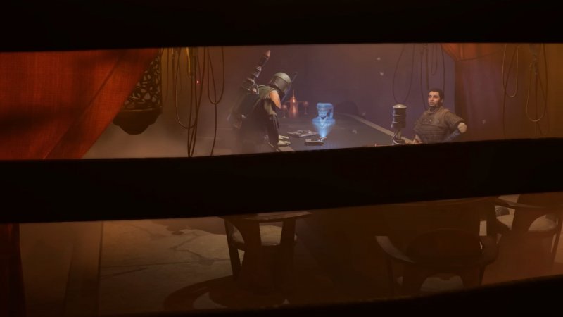 Boba Fett si intravede fra le grate di un condotto in Star Wars Outlaws Boba Fett si intravede fra le grate di un condotto in Star Wars Outlaws