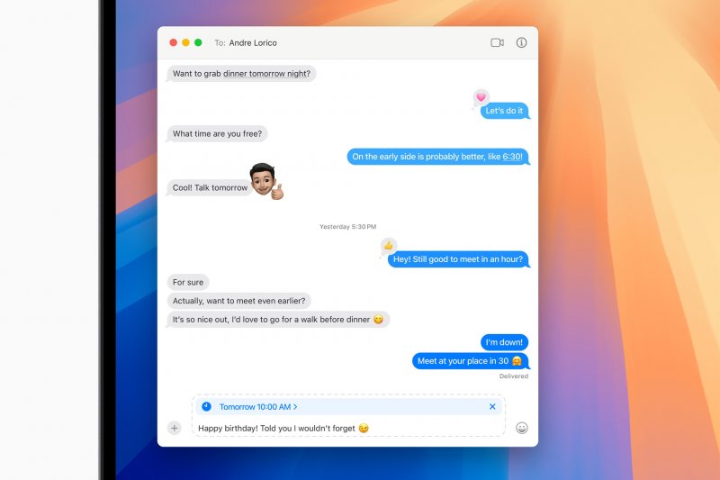 Nell'app Messaggi, macOS Sequoia permette di programmare l'invio di un messaggio in un secondo momento