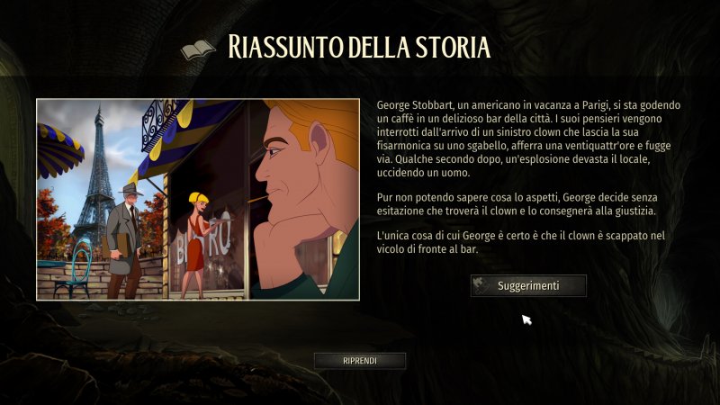 Il riassunto della storia con la possibilità di sbloccare dei suggerimenti