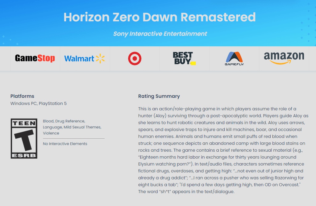 La classificazione di Horizon Zero Dawn Remastered