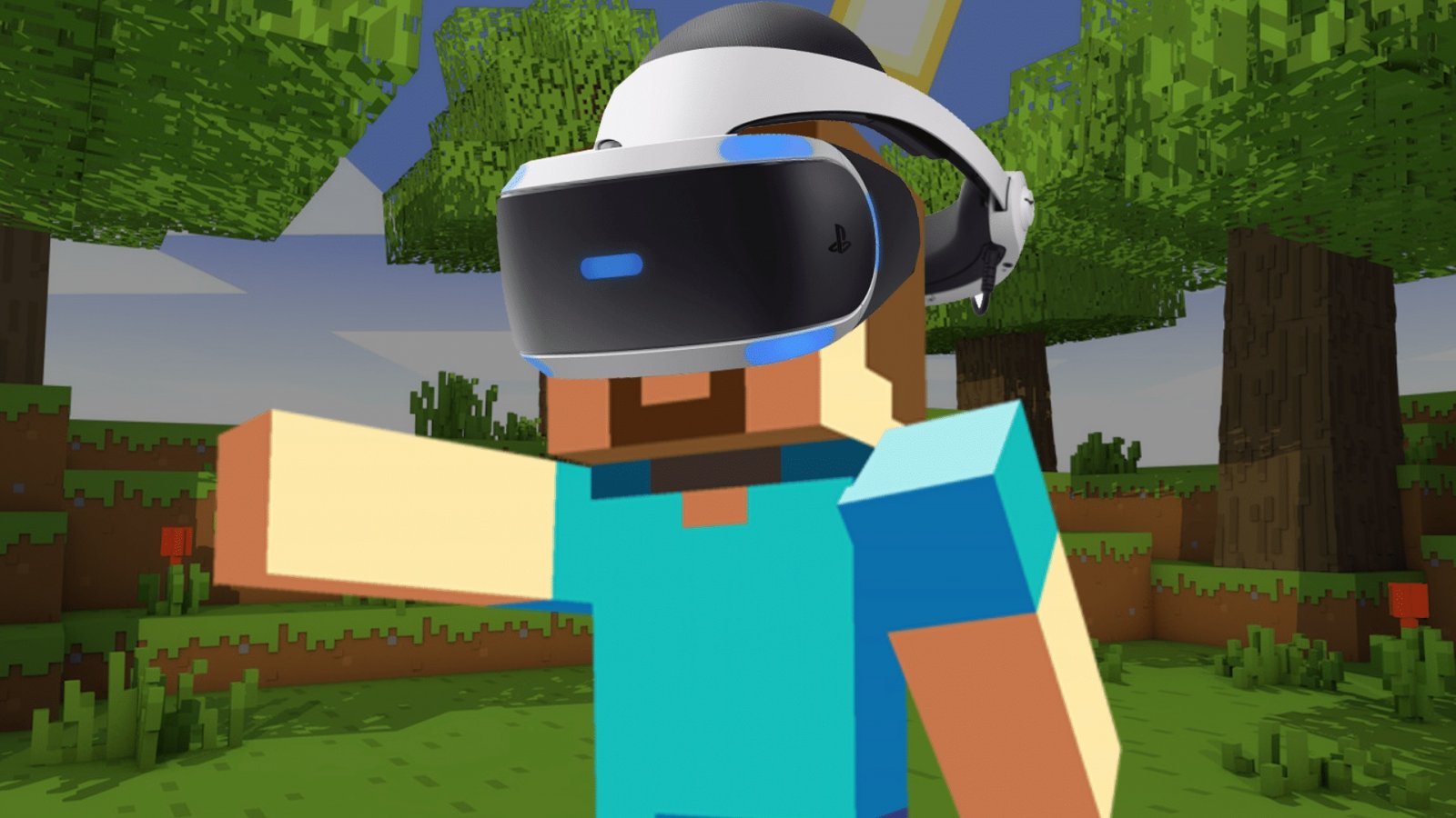 Un personaggio di Minecraft che indossa PlayStation VR