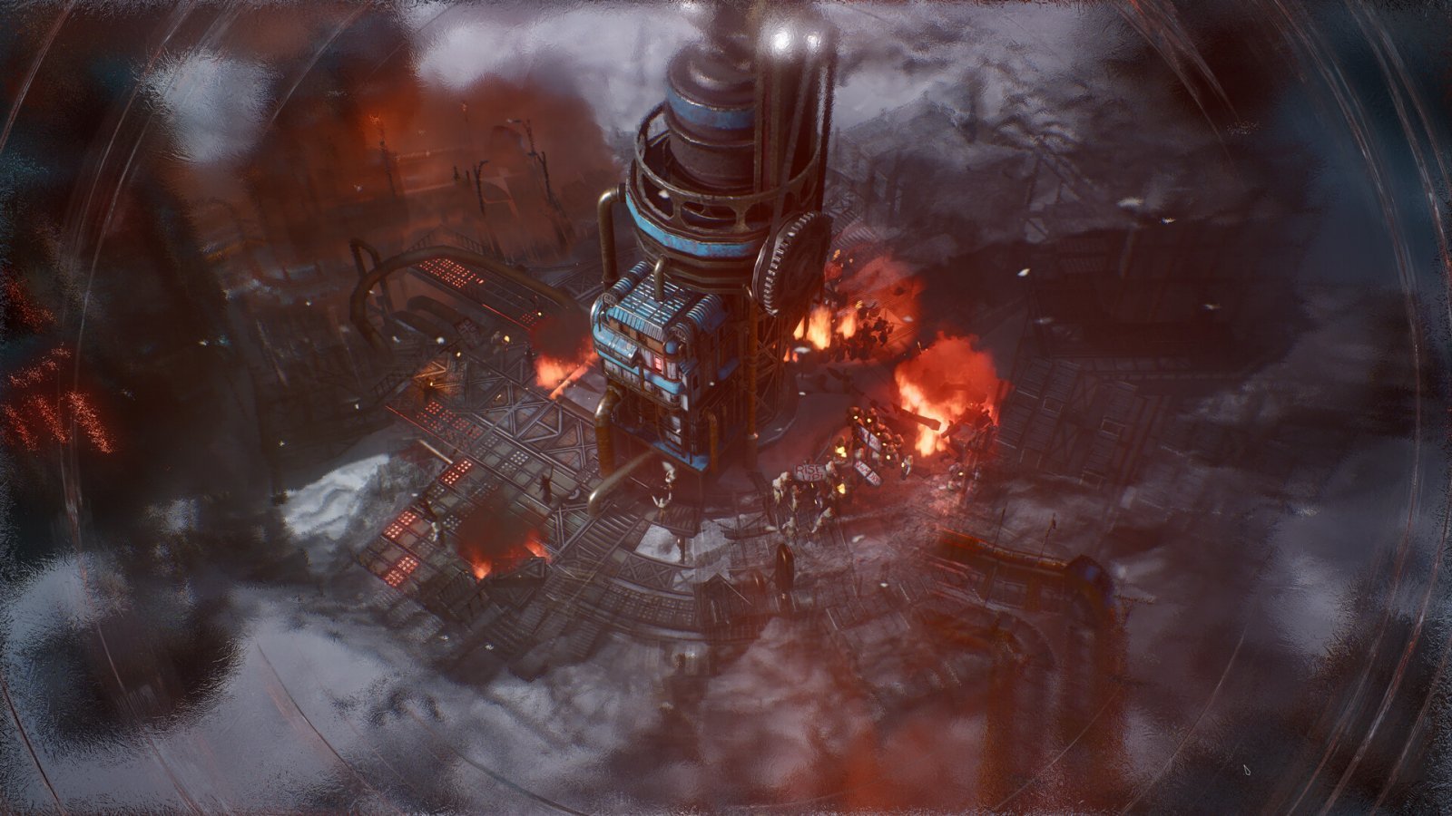 Una struttura di Frostpunk 2 nella neve, in fiamme