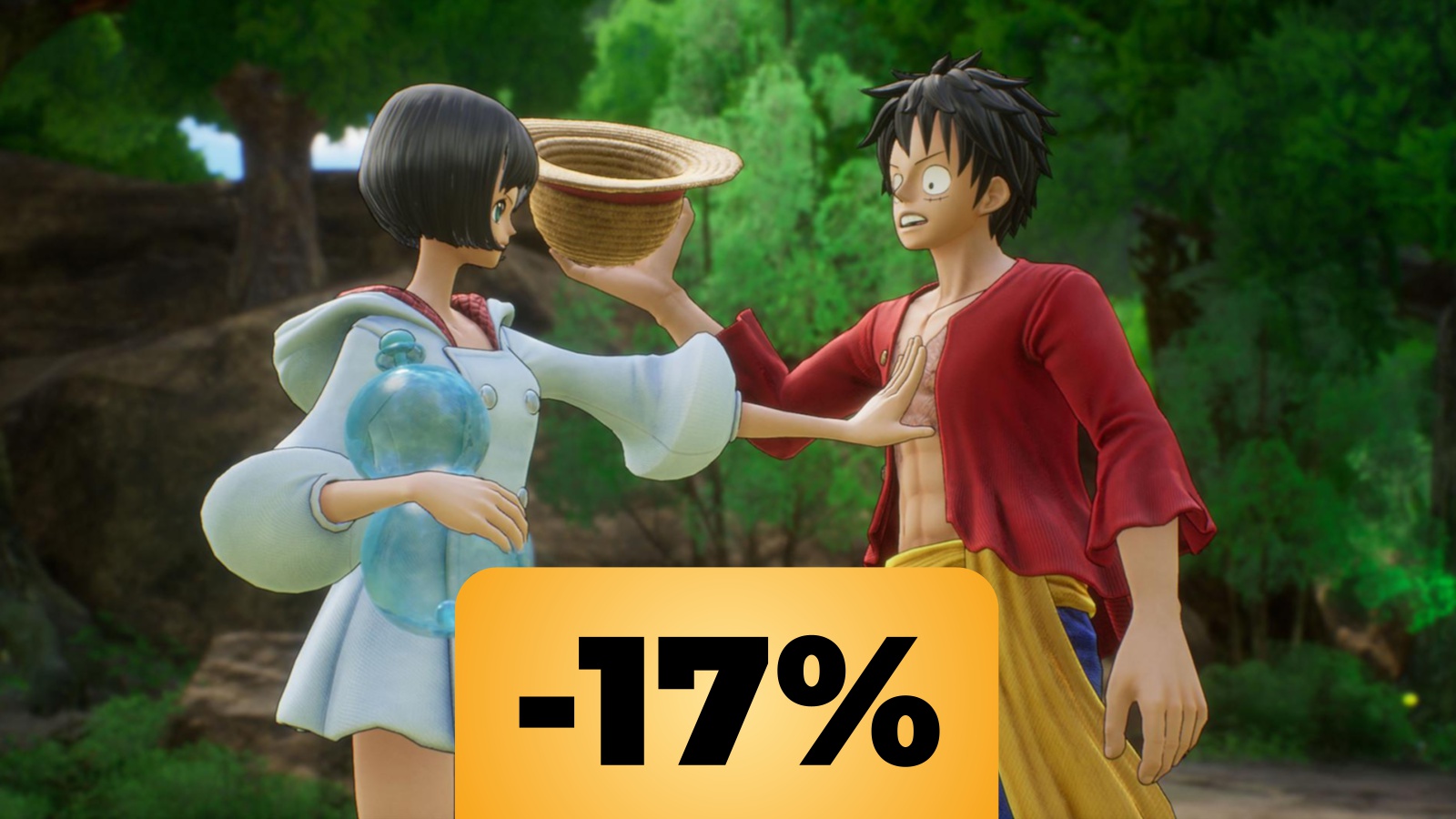 Due personaggi di One Piece Odyssey e lo sconto di Amazon