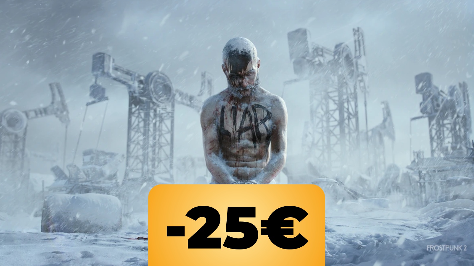 Una persona inginocchiata nella neve in Frostpunk 2 e lo sconto di Instant Gaming