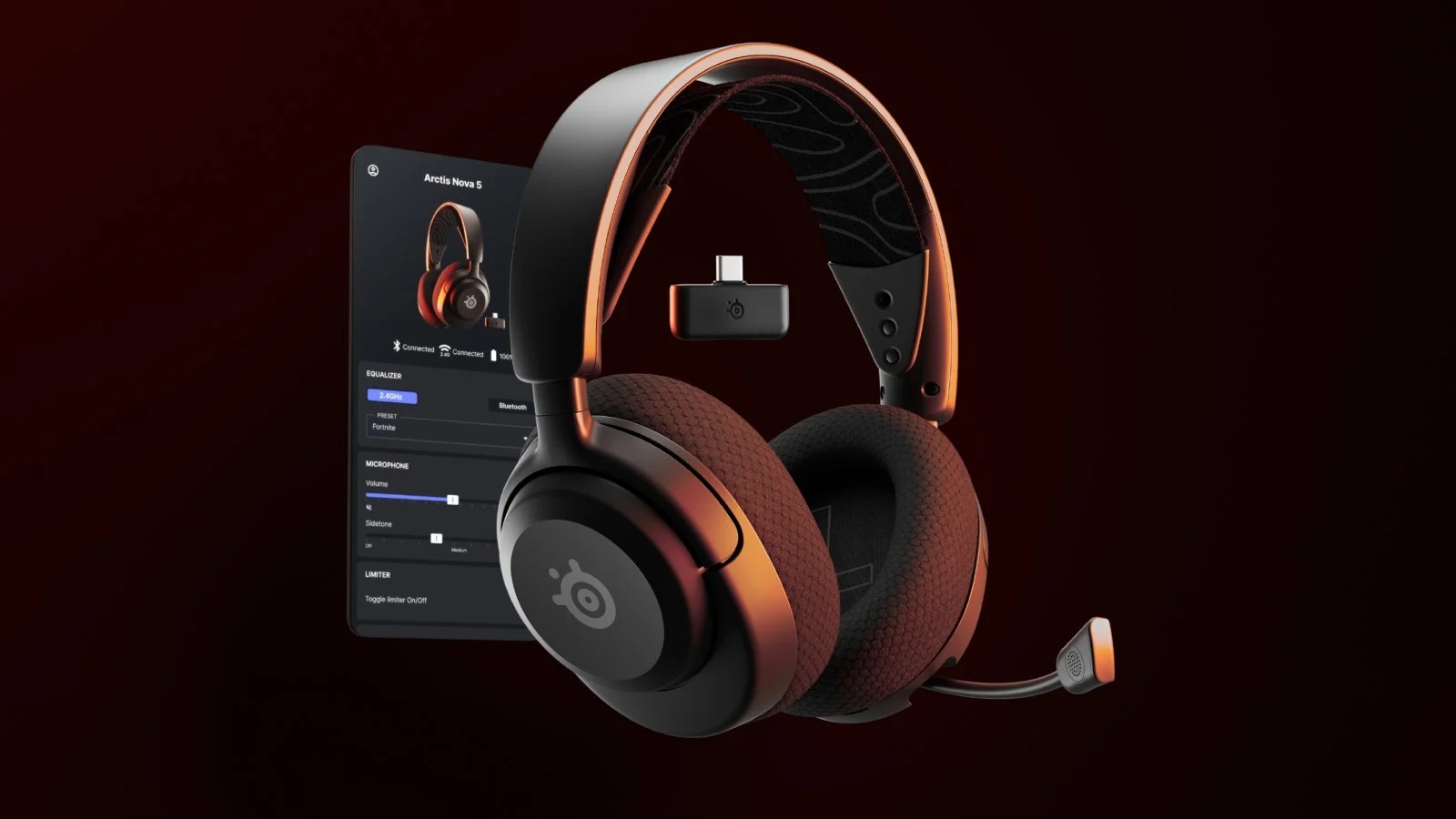 Headset da gaming SteelSeries Arctis Nova 5 con il suo dongle wireless e l'applicazione di personalizzazione