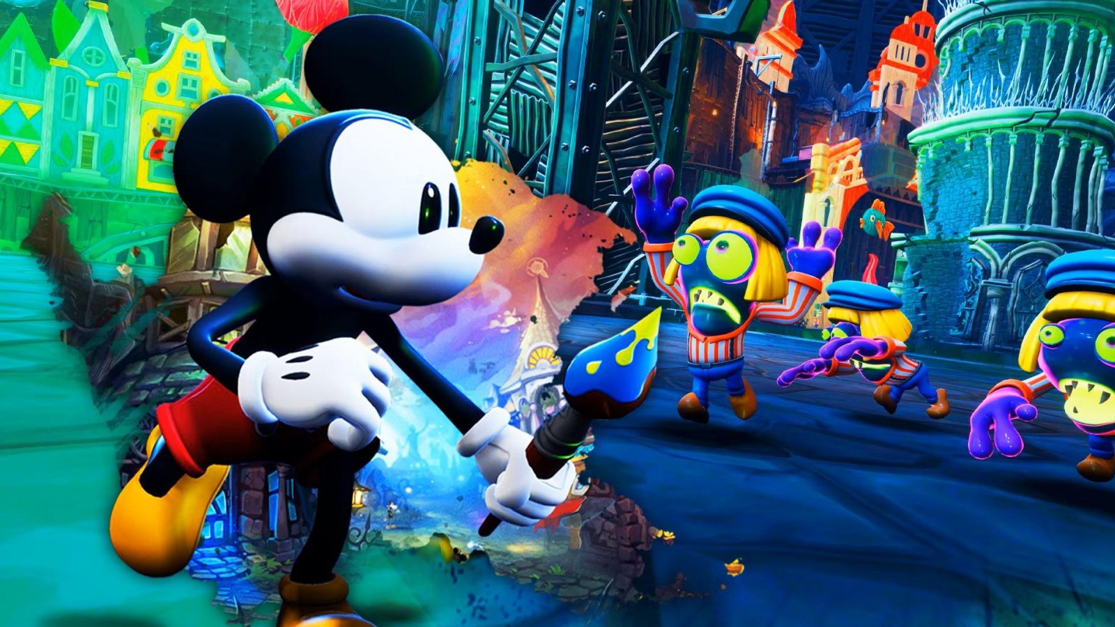 Topolino usa il pennello magico per colorare Rifiutolandia
