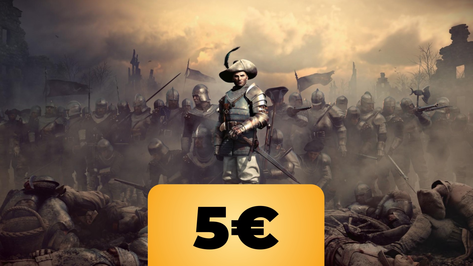 Un personaggio di Greedfall su un campo di battaglia e il prezzo su Instant Gaming