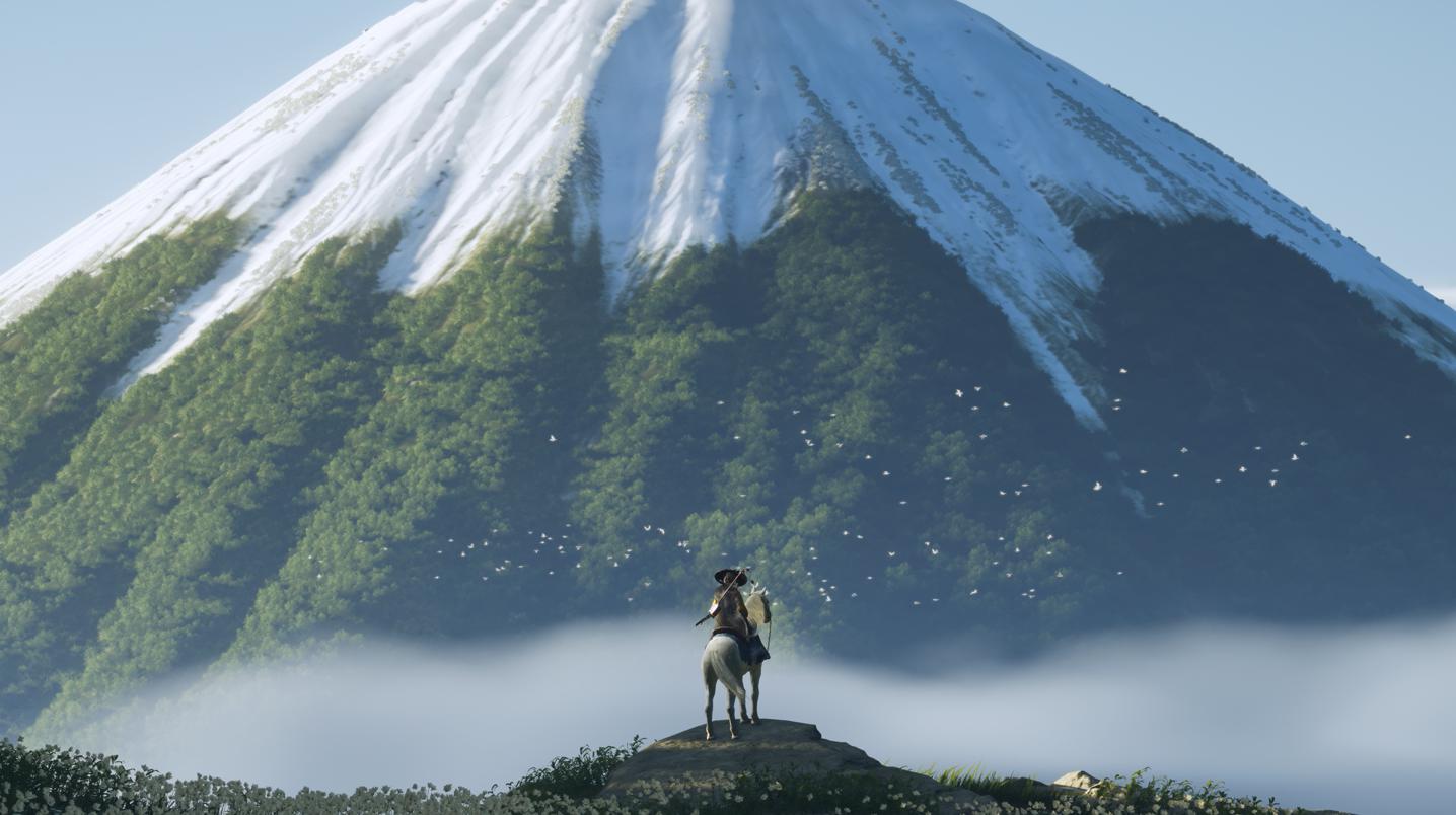 Una scena di Ghost of Yotei con il monte Yotei sullo sfondo