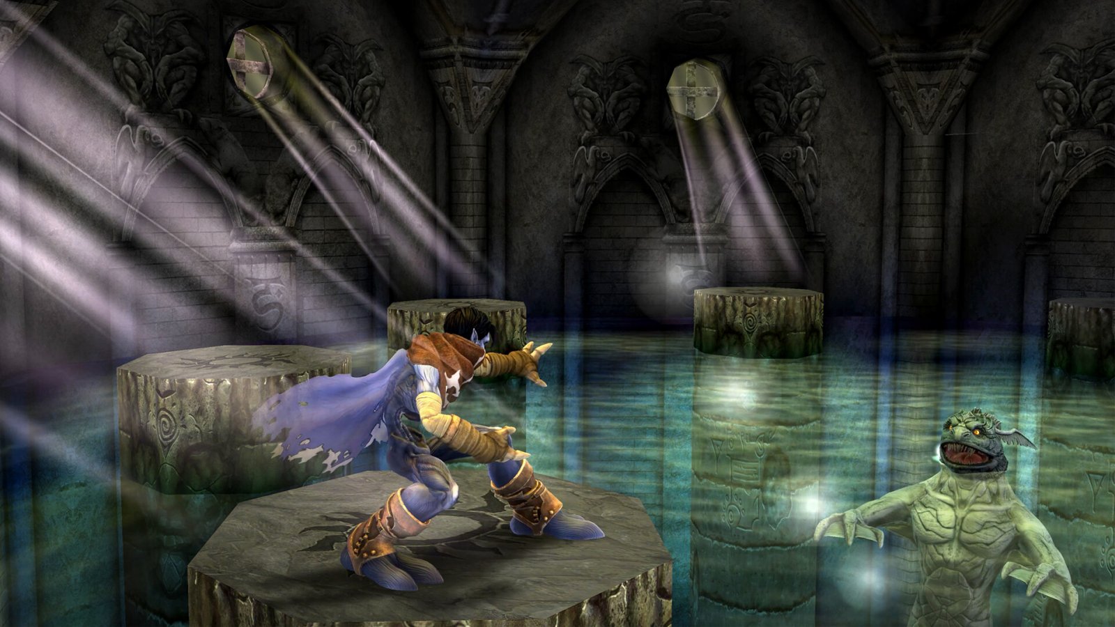 Il protagonsita di Legacy of Kain: Soul Reaver 1-2 Remastered davanti a un laghetto con un mostro