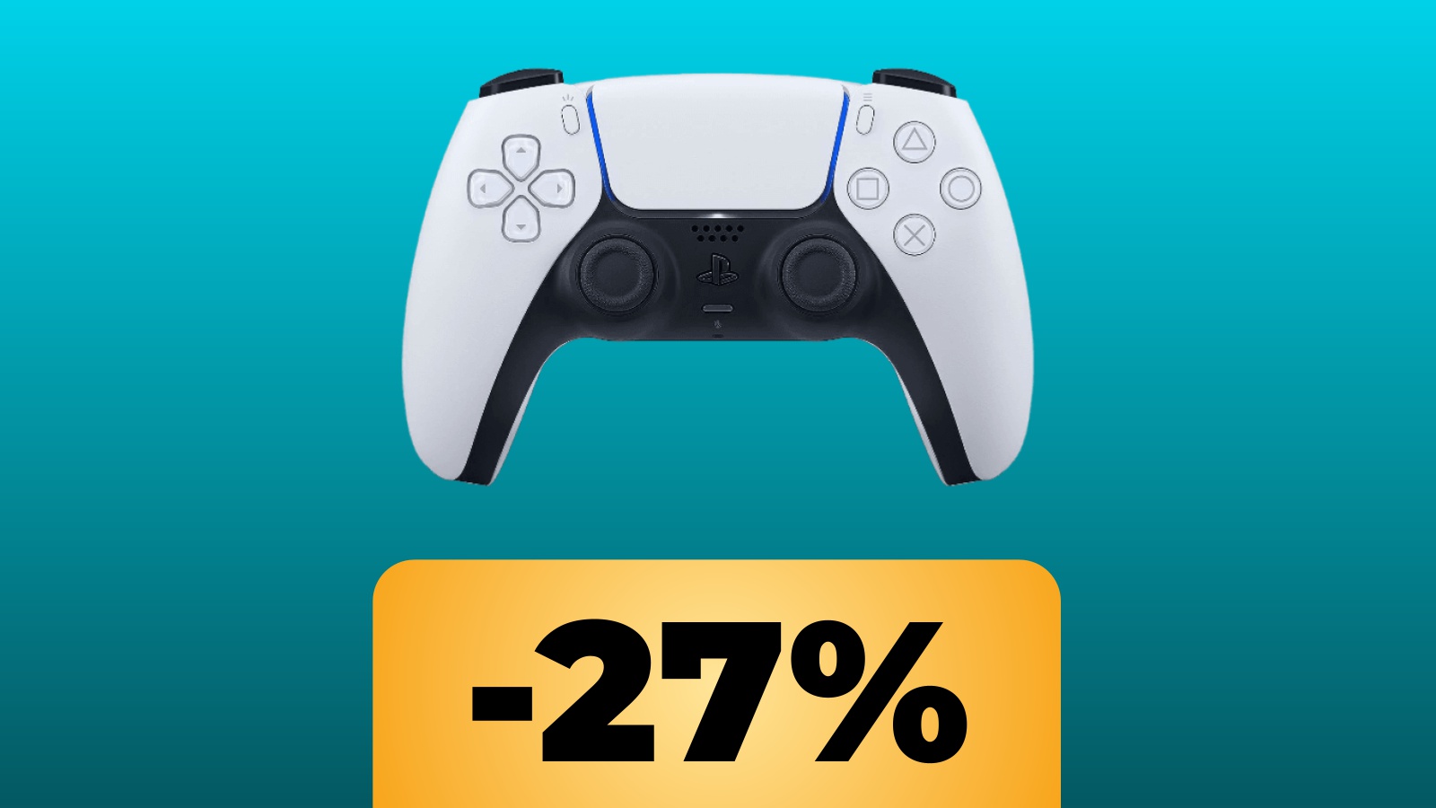 Il controller DualSense bianco con sotto la percentuale di sconto di Amazon
