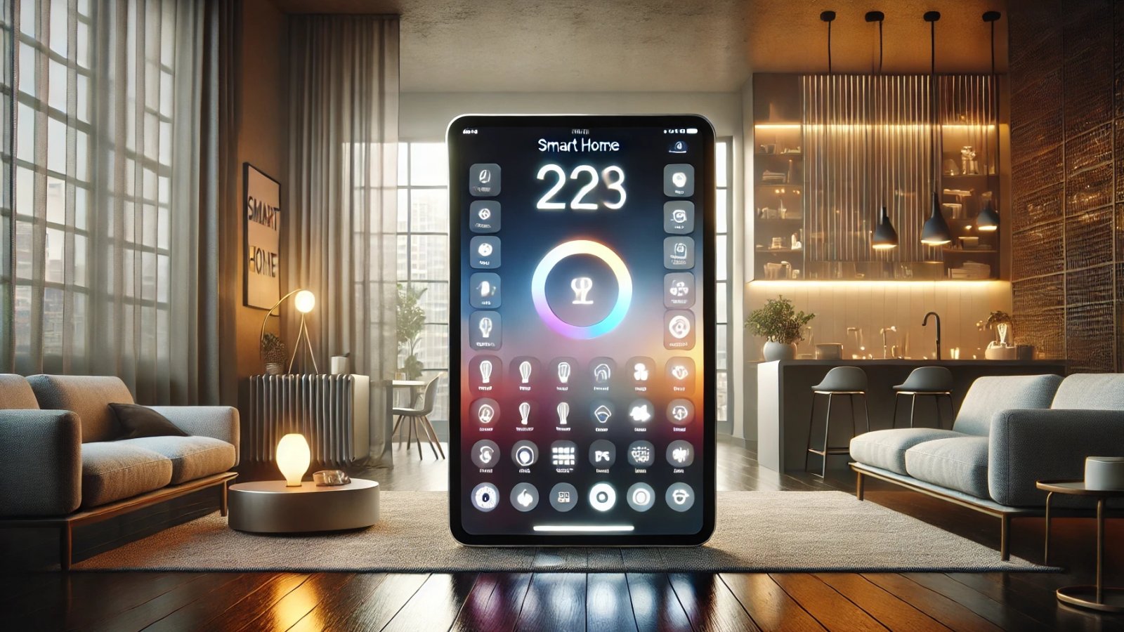 Il vociferato dispositivo Apple per la gestione della domotica a forma di iPad; immagine realizzata dall'IA
