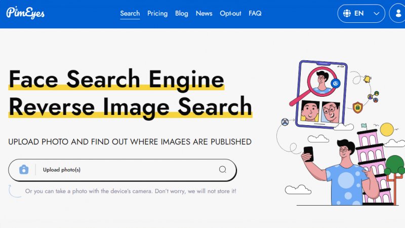 L'homepage del motore di ricerca facciale PimEyes L'homepage del motore di ricerca facciale PimEyes