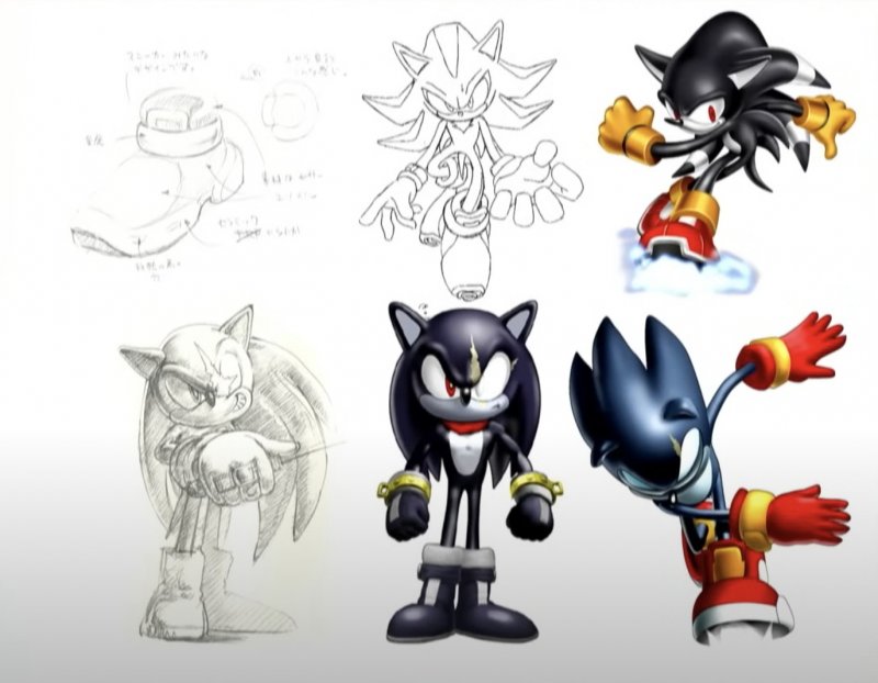 Le diverse iterazioni di Shadow prima di arrivare al suo disegno definitivo. In basso al centro il personaggio mai uscito Terios Le diverse iterazioni di Shadow prima di arrivare al suo disegno definitivo. In basso al centro il personaggio mai uscito Terios