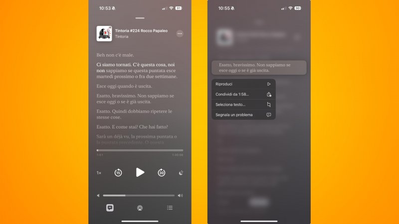 La trascrizione di un podcast e la condivisione delle porzioni di testo.